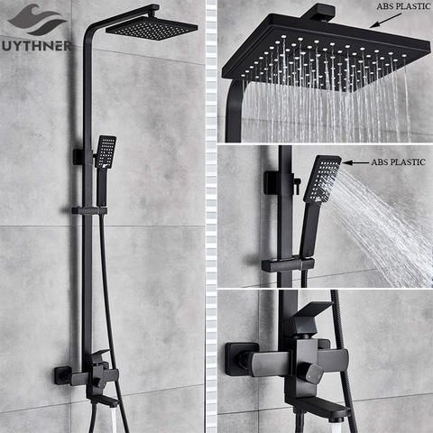 Uythner robinet de salle de bain mat noir pluie douche robinet de bain mural baignoire douche mitigeur robinet de douche ensemble de douche mélangeur ► Photo 1/6