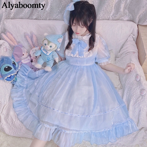 Robe de soirée d'été pour femmes, Style Lolita japonais, col Peter Pan, bleu, noir, rose, nœud papillon, Costume Kawaii à volants, Cosplay ► Photo 1/5