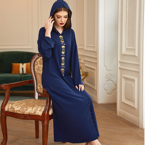 Abaya – robe de soirée pour femmes, tenue de fête musulmane, à capuche, avec des strass, cousue à la main, ample, manches longues, Bugle, perlée ► Photo 1/6