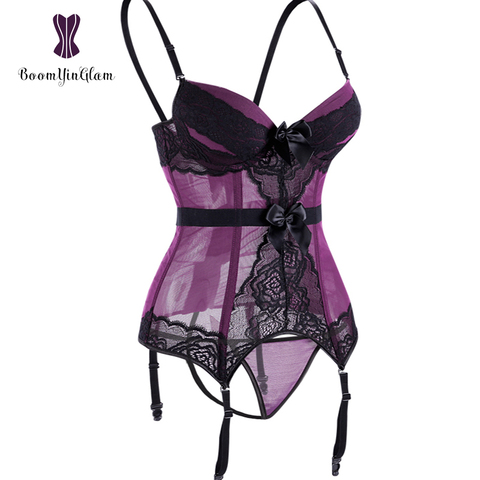 Corset Sexy Vintage pour femmes, violet/bleu/noir, bretelles Spaghetti amovibles avec nœud papillon rembourré, avec corde G, 944 # ► Photo 1/6