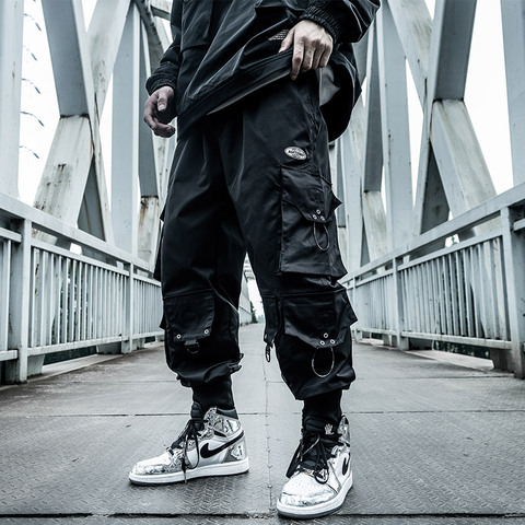 Harajuku pantalon de parachutiste vêtements pour hommes ample à la mode Hip Hop cordon Cargo pantalon multi-poches cordon salopette Hip hop ► Photo 1/6
