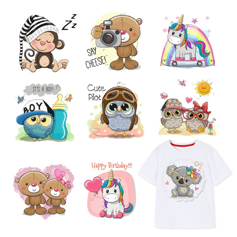 Patchs à transférer de chaleur autocollants licorne hibou singe ours pour T-shirt, pour garçons et filles, pour robe, décoration de vêtements à faire soi-même ► Photo 1/6