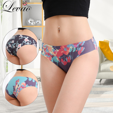 LEVAO Nouveau Sans Soudure Tangas Femme Sexy Coton Culottes Sous-Vêtements En Soie de Glace De Mode Imprimé Motif Lingerie Slip Slip Hipster ► Photo 1/6