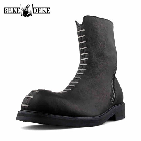 Rivets de luxe bottes en cuir de vache hommes rue noir Vintage Moto Biker chaussures hautes qualité Punk plate-forme mi-mollet bottes ► Photo 1/6