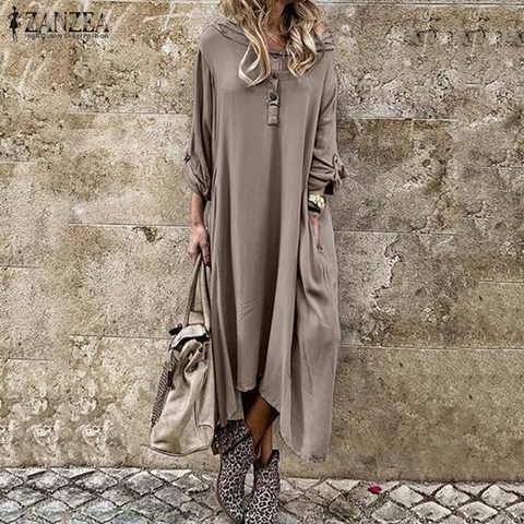 Femmes automne à capuche Sundress 2022 ZANZEA caftan solide chemise Robe décontracté Midi Vestidos femme bouton solide Robe surdimensionné ► Photo 1/6