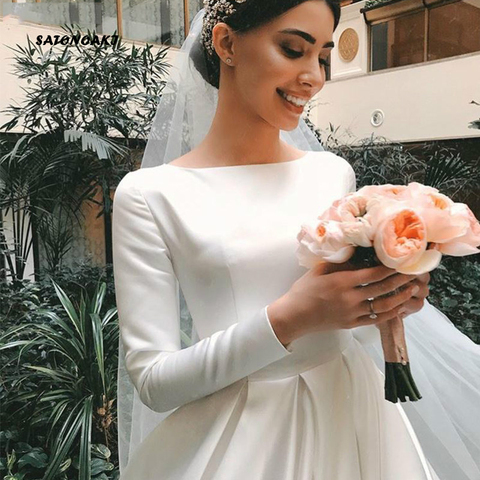 Robe De mariée Vintage en Satin blanc, à manches longues, Robe De mariée Vintage, non définie, pour femmes, boutique en ligne ► Photo 1/6