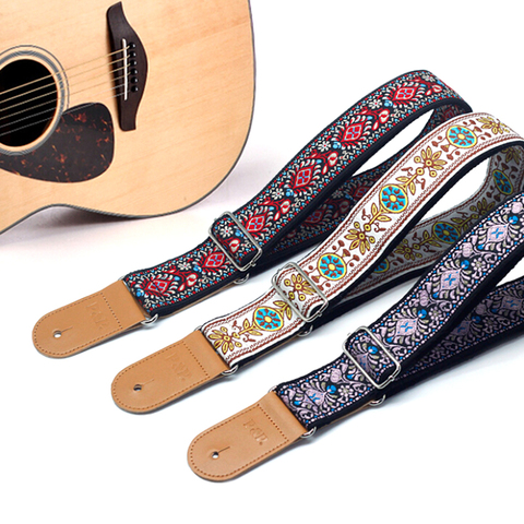 Broderie Jacquard cuir guitare sangle support bouton serrure sûre pour acoustique électrique classique guitare basse accessoires ► Photo 1/6