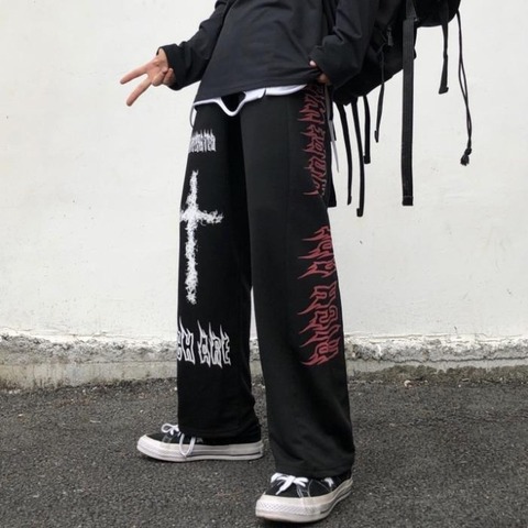 HOUZHOU Harajuku Streetwear pantalon large femmes gothique Graffiti Anime imprimé pantalon coréen 2022 pantalon ample Goth pantalon Punk ► Photo 1/6