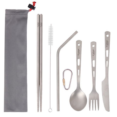 Ensemble de couverts en titane Ultra léger, 3/4/5 pièces, couteau, fourchette, cuillère baguettes brosse outil de cuisine, accessoire de couverts ► Photo 1/6