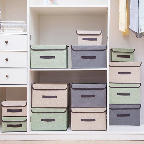 Boîte de rangement avec couvercle, panier de rangement Portable pliable, bacs de rangement, Imitation de chanvre, organisateur de stockage en tissu Non tissé ► Photo 1/6