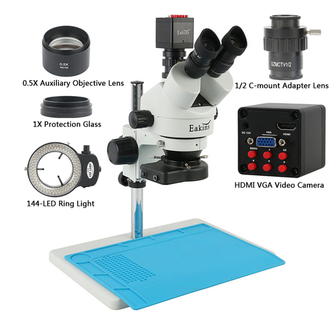 Microscope trinoculaire stéréo à simulateur de focale d'objectif, caméra 13mp 1080P HDMI VGA 144 LED, lampe annulaire pour réparation de soudage IPhone ► Photo 1/6