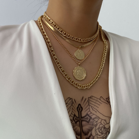 Nouveau Vintage Boho mode multi-niveaux épais chaîne colliers pour les femmes or argent couleur humaine tête pièce pendentif collier bijoux ► Photo 1/6