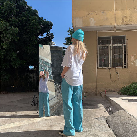 HOUZHOU Bleu Velours Côtelé Pantalon Femmes Style Coréen 2022 Mode Grande Taille Droite D'été Streetwear Kpop Large Pantalon Ample ► Photo 1/6