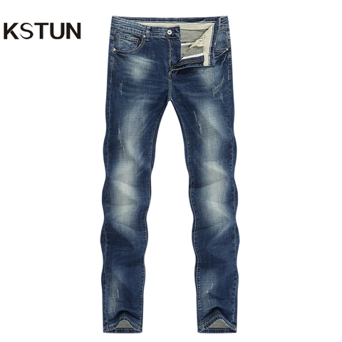 KSTUN Hommes de Jeans Classique Directe Stretch Foncé Bleu Business Casual Denim Pantalon Slim Rayé Long Pantalon Gentleman Cowboys 38 ► Photo 1/6