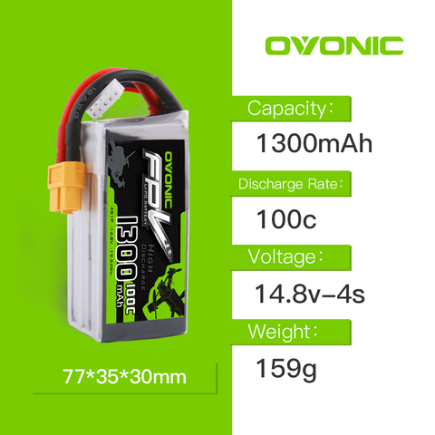 14.8V OVONIC 1300mAh 100C Max 200C Lipo 4S1P batterie avec connecteur XT60 pour 250 FPV cadre RC Drone hélicoptère Quad bateau ► Photo 1/6