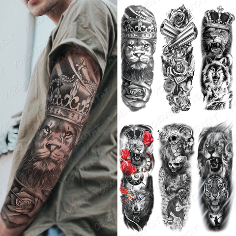 Tatouage temporaire bras complet, autocollant modèles lion avec une couronne de roi, rose, loup sauvage, tigre, hommes, tête de mort, résistant à l'eau ► Photo 1/6