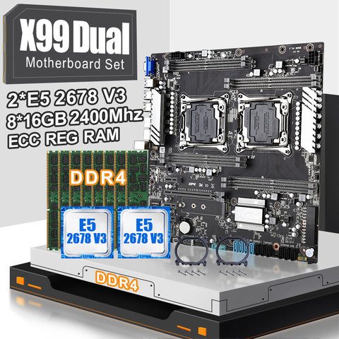 X99 double CPU carte mère avec 2 pièces XEON E5 2678V3 CPU et 8*16 go ddr4 ecc reg 2400mhz RAM,PCI-E 16X, SATA3.0 EATX ► Photo 1/6