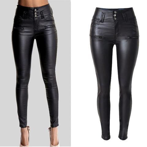 Grande grande taille en cuir PU pantalons femmes hanche pousser vers le haut noir Sexy femme Stretch Leggings Jegging décontracté pantalon crayon maigre ► Photo 1/6