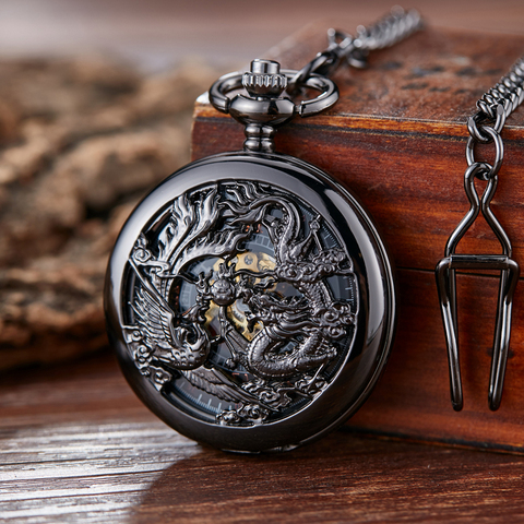 Montre de poche mécanique rétro Dragon Play Ball, squelette Steampunk, vent à la main, horloge Fob avec chaîne, Double chasseur, cadeau ► Photo 1/6