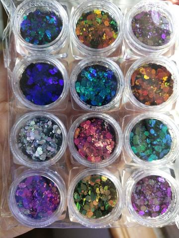 Mélange de paillettes caméléon épais, mélange de 12 couleurs, boîte de 12, nouveau mélange épais, irisé, changement de couleur, pour gobelets, Nail Art,H6, 2022 ► Photo 1/6