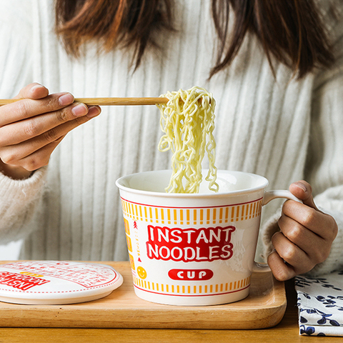 Bol de tasse de nouilles instantanées en céramique créative de style nordique avec couvercle boîte à bento boîte à déjeuner d'étudiant bol de nouilles instantanées ensemble de bol à soupe ► Photo 1/5