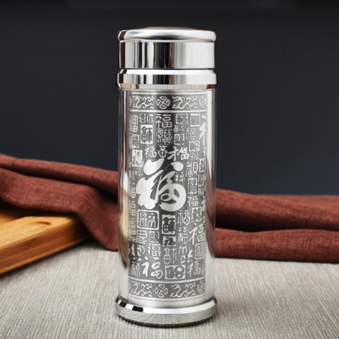 Exquis cent bénédiction Thermos tasse main en relief vide pur argent 999 Liner bouteille d'eau soins de santé cadeau affaires tasse à thé ► Photo 1/6