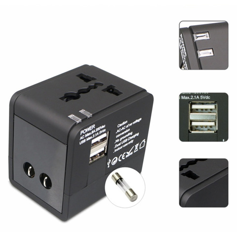 Adaptateur de prise International universel, noir et blanc, 2 ports USB, voyage dans le monde, chargeur ca avec prise de convertisseur AU, US, UK et ue ► Photo 1/6