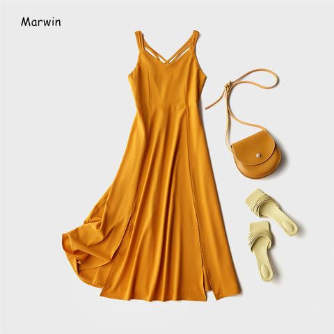 Marwin-nouvelle collection été 2022, robe d'été à bretelles Spaghetti croisées sur dos nu, Style de plage solide, longueur cheville, pour femmes ► Photo 1/6