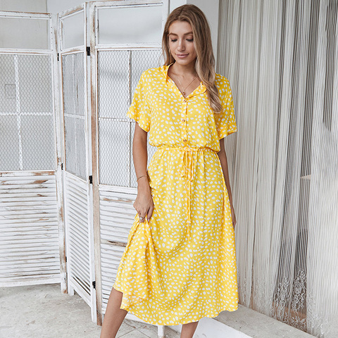 Mode robe d'été femmes 2022 à pois imprimé taille haute vintage a-ligne robe élégante simple boutonnage Boho Midi longues robes ► Photo 1/6