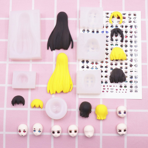 7Pcs-Set Ultra-léger argile poupée petit visage ob est visage complet moule cheveux courts moule argile silicone visage frange moule ► Photo 1/5