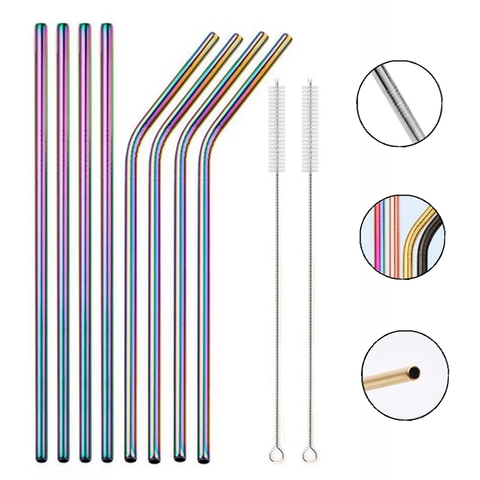 Ensemble de pailles en métal réutilisables de couleur arc-en-ciel avec brosse plus propre 304 en acier inoxydable ► Photo 1/6