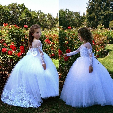 Robe à fleurs pour les filles, en dentelle, à manches longues, bouffante, avec perles, robe de concours de bal ► Photo 1/6