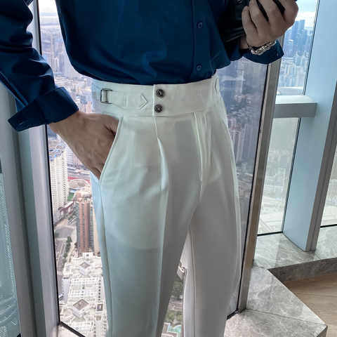 Pantalon de costume taille haute pour homme, tenue d'affaires, couleur unie, style Streetwear, décontracté, pour mariage, collection automne ► Photo 1/6