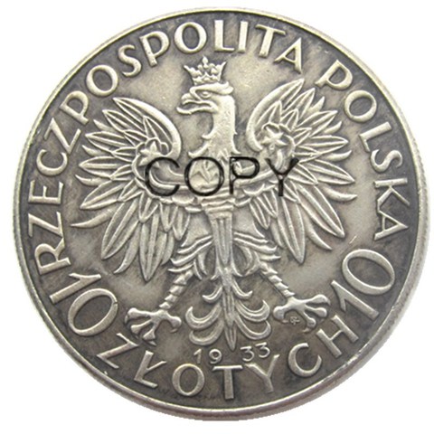 Pièce de monnaie en argent plaqué 10 Zlotych, pologne 1933 ► Photo 1/2