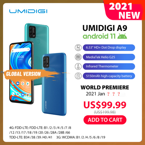 En Stock UMIDIGI A9 téléphone intelligent Android 11 Version mondiale 13MP AI Triple caméra Helio G25 Octa Core 6.53 