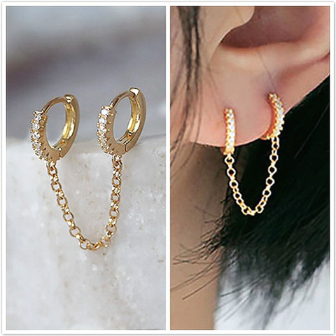 Huitan One PCS offre spéciale deux trous Piercing boucles d'oreilles pour les femmes brillant cristal Zircon 3 métal couleur chaîne boucle d'oreille bijoux de fête ► Photo 1/6