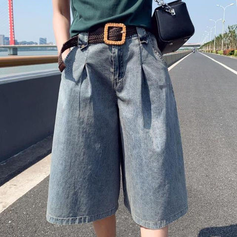 Short en Jean pour femmes, taille haute, jambes larges, mi-long, longueur aux genoux, Streetwear, poches, Bermuda décontracté, été ► Photo 1/6