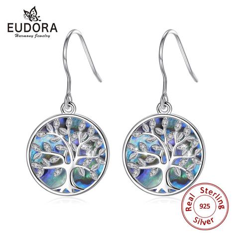 EUDORA réel 925 argent Sterling arbre de vie boucles d'oreilles cercle nacre cristal bleu boucles d'oreilles goutte cadeau pour petite amie E92 ► Photo 1/6