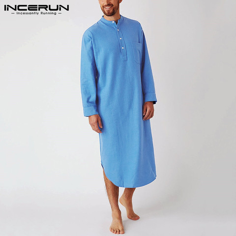 2022 hommes sommeil Robes couleur unie coton à manches longues confort loisirs Homewear O cou chemise de nuit hommes peignoirs INCERUN S-5XL 7 ► Photo 1/6