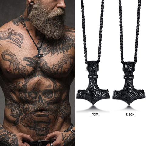 Mjolnir le marteau de Thor nordique symbole païen pendentif collier acier inoxydable Double face Dragon Design Viking bijoux ► Photo 1/6