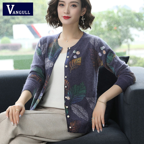 Mode feuille imprimer femmes tricoté Cardigan pull col rond boutons court Cardigan pull décontracté femme dames vêtements d'extérieur ► Photo 1/6