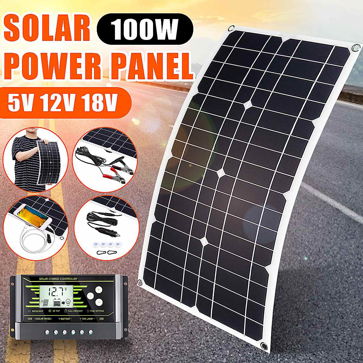 Nouveau 100W panneau solaire USB 5V DC 12V avec contrôleur 10/20/30A cellules solaires flexibles pour voiture Yacht chargeur de batterie étanche ► Photo 1/6