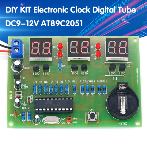 Kit de bricolage d'horloge électronique AT89C2051, ensemble de pièces et composants d'horloge numérique à affichage LED DC 9V - 12V ► Photo 1/6