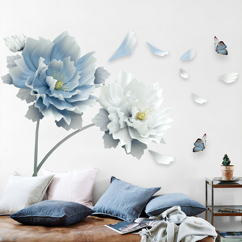 Autocollant Mural 3D amovible avec de grandes fleurs blanches bleues et papillon, étiquette artistique murale en 3D, pour décoration pour la salle de séjour et la chambre à coucher ► Photo 1/6