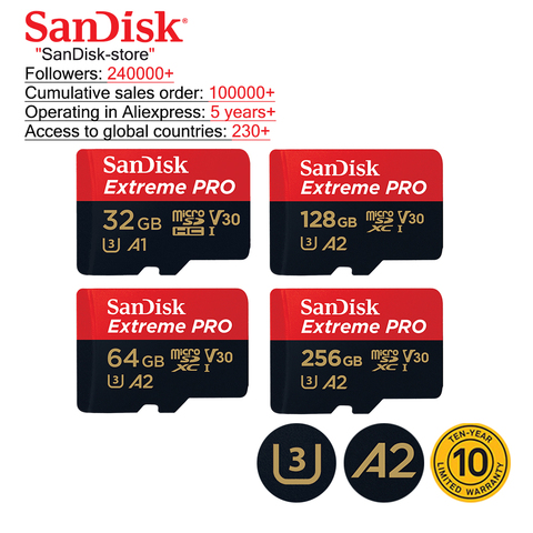 SanDisk-carte Micro SD Extreme Pro, 32 go/64 go/100 go/128 go, 256 mo/s, U3, caméra mémoire 4K ► Photo 1/4