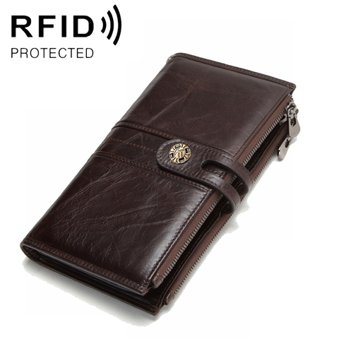 RFID en cuir véritable pour hommes, portefeuille à double fermeture éclair, long à loquet, porte-monnaie de luxe, pochette ► Photo 1/6
