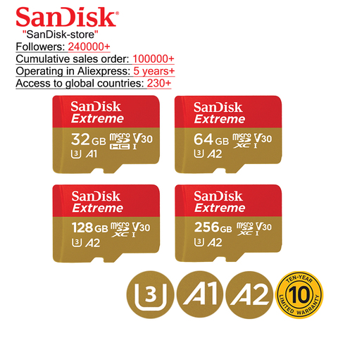 SanDisk 100% original SanDisk carte mémoire extrême 32GB 64GB 128GB 256GB SDHC classe 10 U3 micro SD TF carte garantie de 10 ans ► Photo 1/6