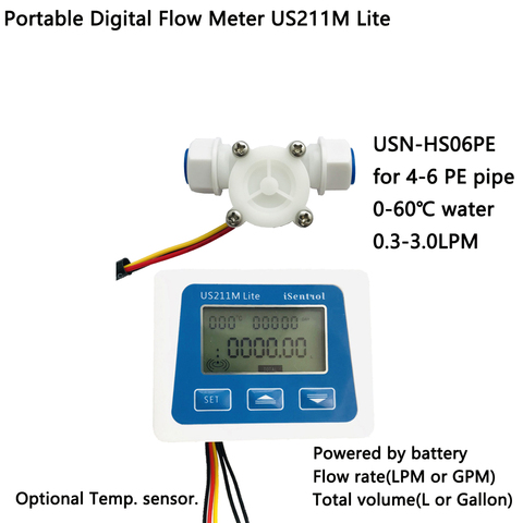 US211M Lite – débitmètre numérique Portable et capteur à effet Hall USN-HS06PE, turbine de 0.3 à l/min pour tuyau 4x6 PE Saier iSentrol ► Photo 1/6