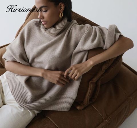 Hirsionsan-pull col tortue en cachemire uni, pull tricoté pour femmes, basique, ample, doux et chaud ► Photo 1/6