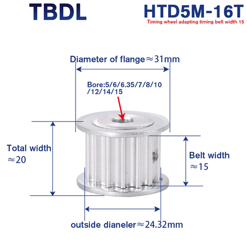 Poulie de Transmission en aluminium, 5/6/6.35/7/8/10/12/14/15mm, 16 dents, 5 m16t, poulie de Transmission en aluminium ► Photo 1/6